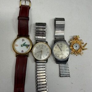 Vintage Timex Speidel Watch Lot Hummingbird Novelty Cuckoo Clock Brooch 4pc